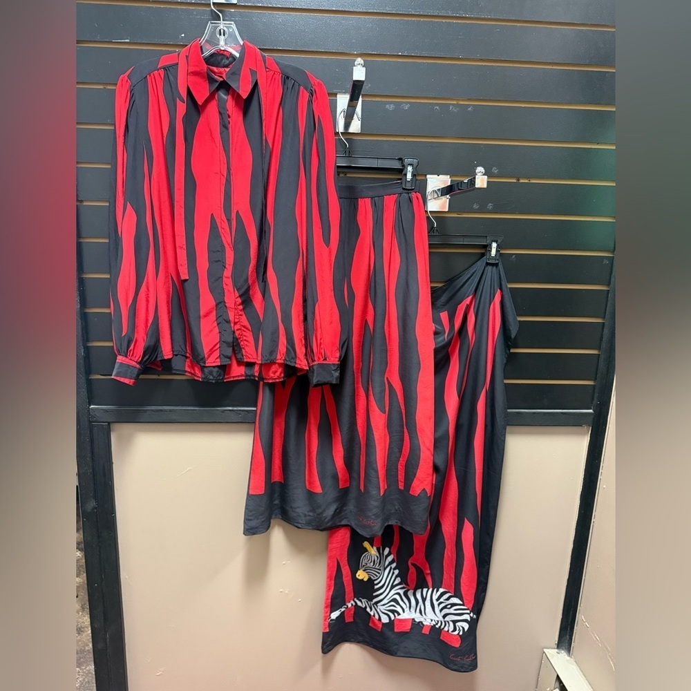 Vintage Lilli Ann Adolfo Schuman Silk Zebra Print Skirt Set Scarf Pockets